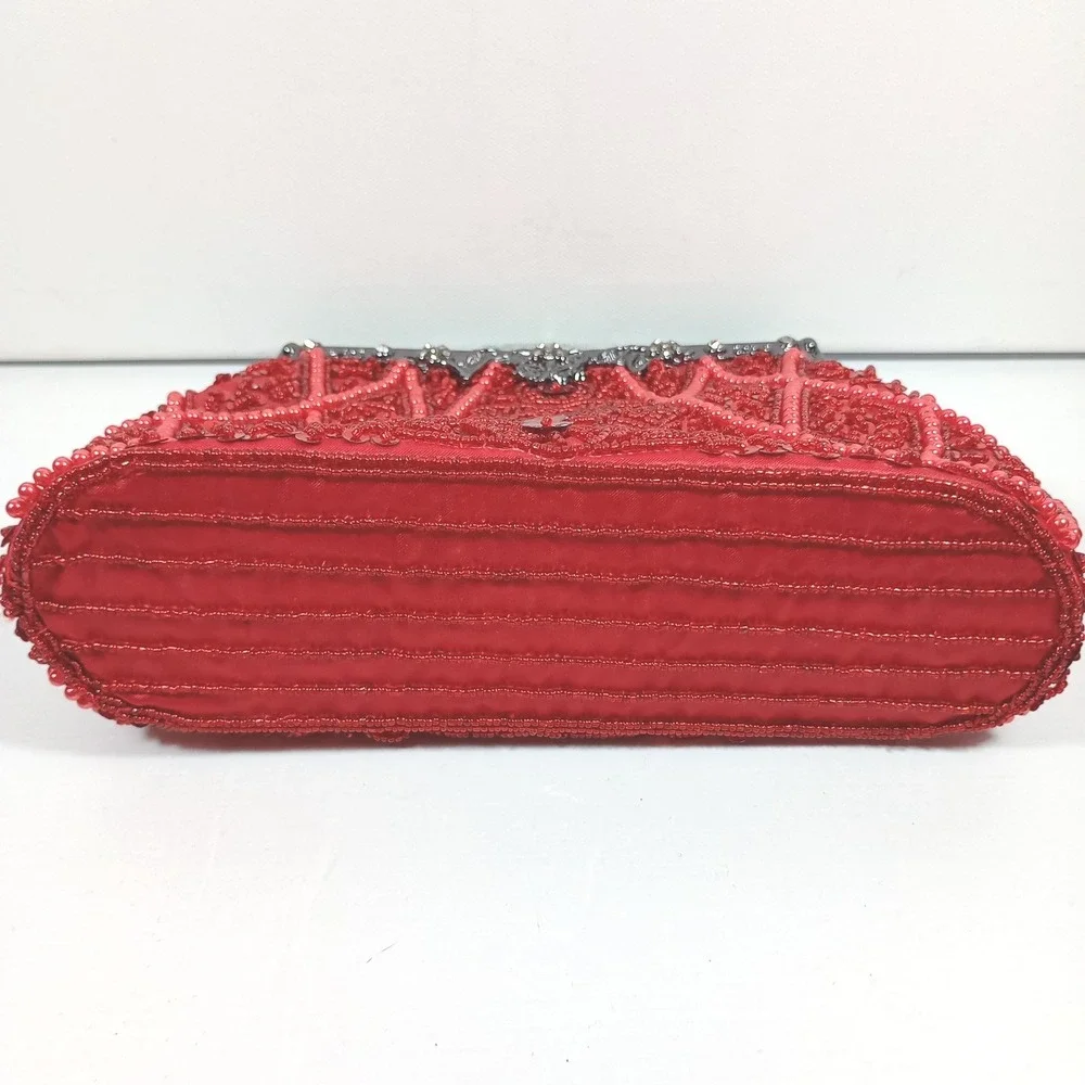 Red Beaded Sequin Evening Clutch Bag Gunmetal Hardware Floral Vintage Style